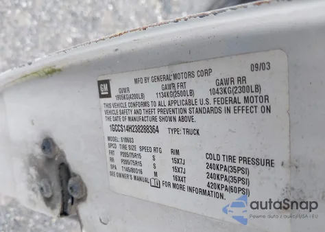 2003 Chevrolet S Truck S10 from USA, damaged, VIN 1GCCS14H238288364